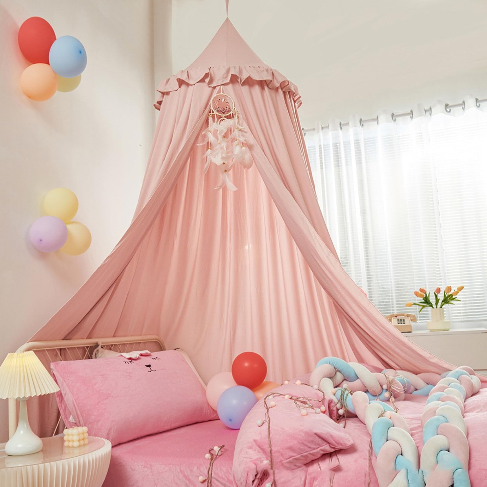 Baldacchino per Letto per Ragazze, Baldacchino per Bambini con Bordo Arricciato, Tenda da Letto per Cameretta e Area Giochi per Bambini