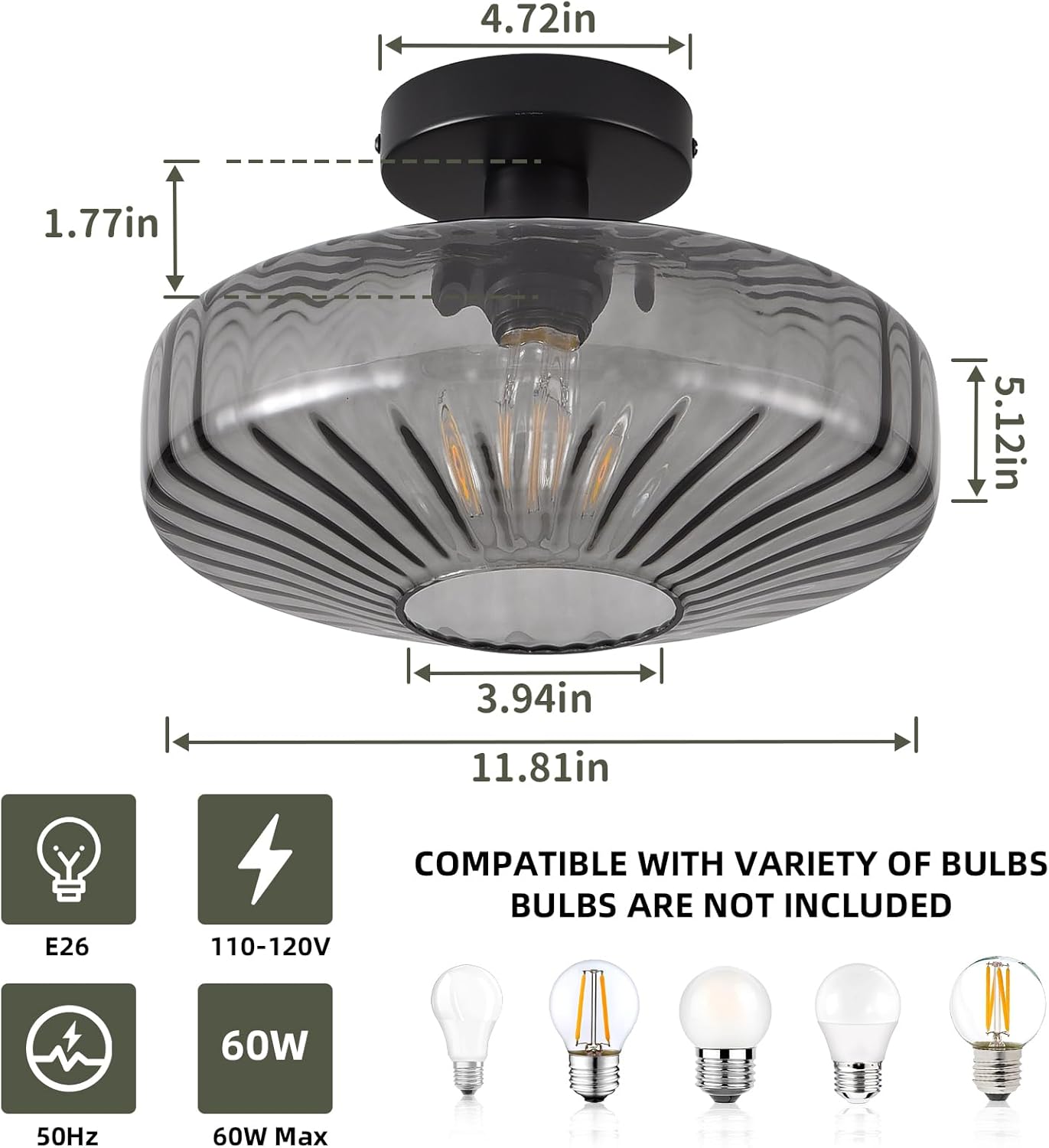 Semi Flush Mount Ceiling Light, 11.8 Inch Smoke Grey Glass Ceiling Light Fixture, Farmhouse Hallway Lighting Fixtures for Kitchen, Foyer, Bedroom, Bathroom, Dining room, E26 Base (Bulb Not Included)