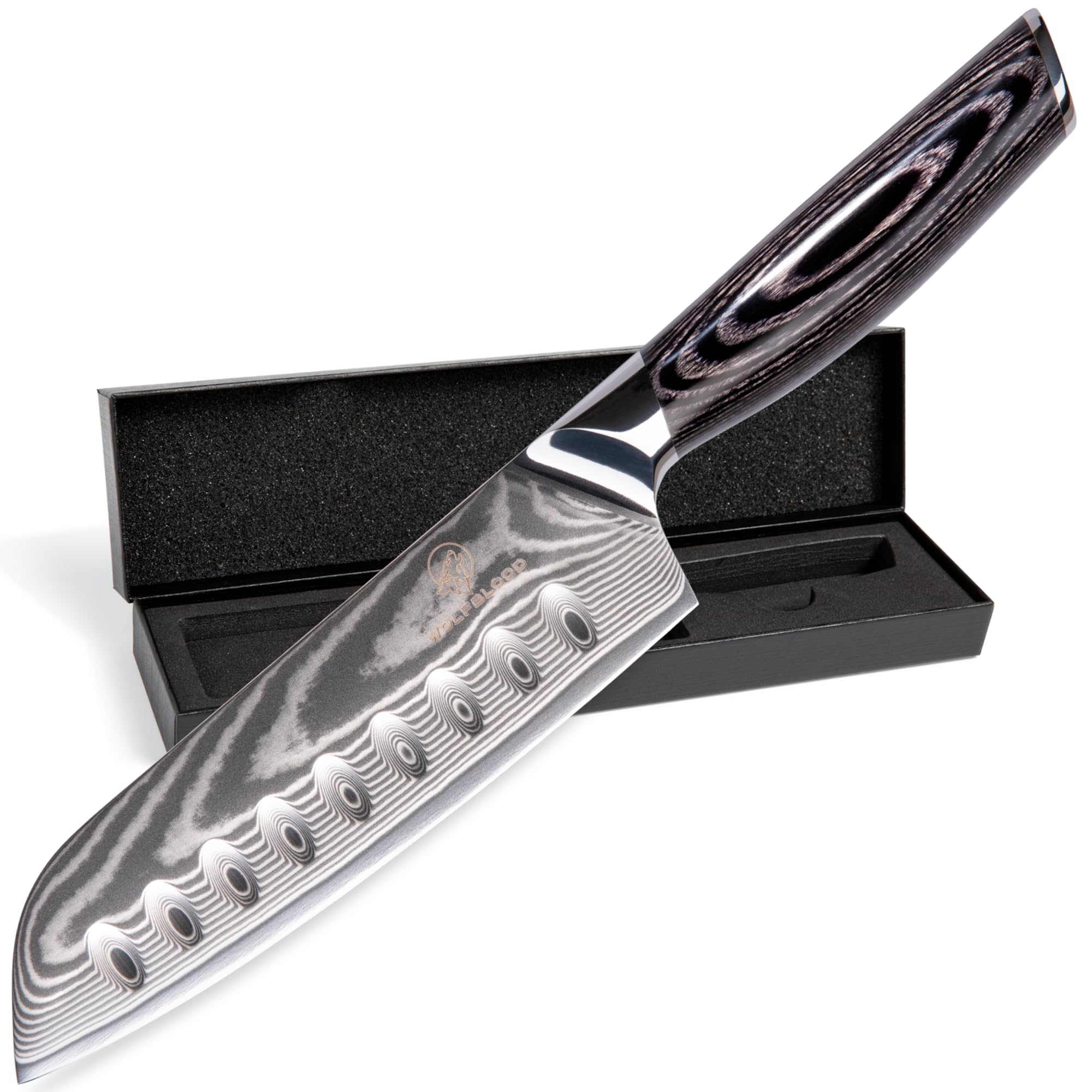 Wolfblood PRO Damastmesser Santoku Messer XL (31cm) TÜV geprüfter 62 HRC Damaststahl aus 67 Lagen I Damast-Küchenmesser Santokumesser mit Holzgriff Geschenkbox und Klingenschutz