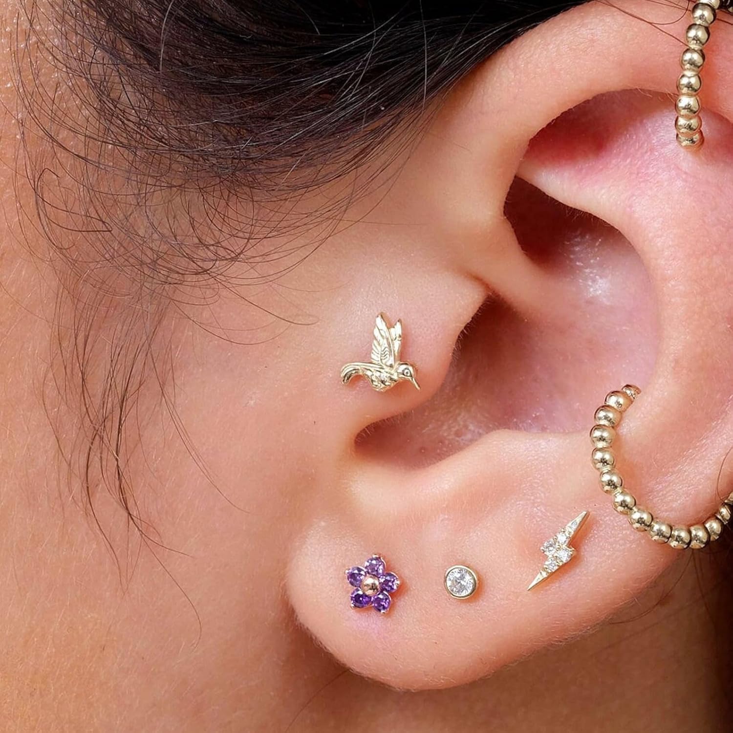 Hummingbird Stud in Solid 14k Gold, Earring for Women and Men, Hypoallergenic, Comfy Flat Backed Earring For Sensitive Ears, New Piercing, Minimalist SINGLE STUD or PAIR