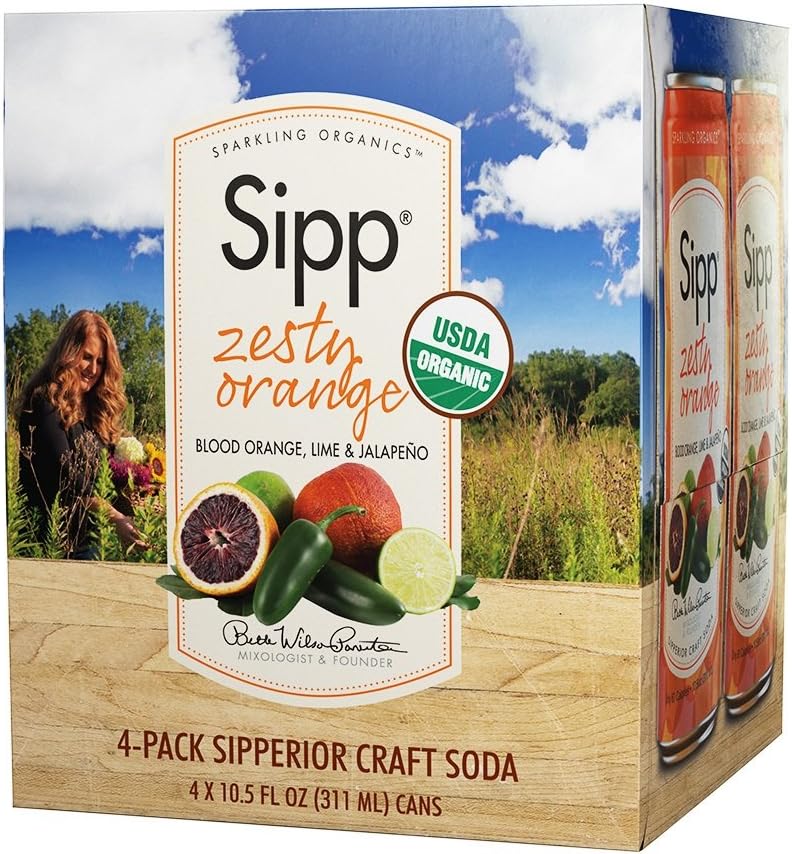 Sipp Sparkling Organics Zesty Orange, 4 Count (Pack of 6)