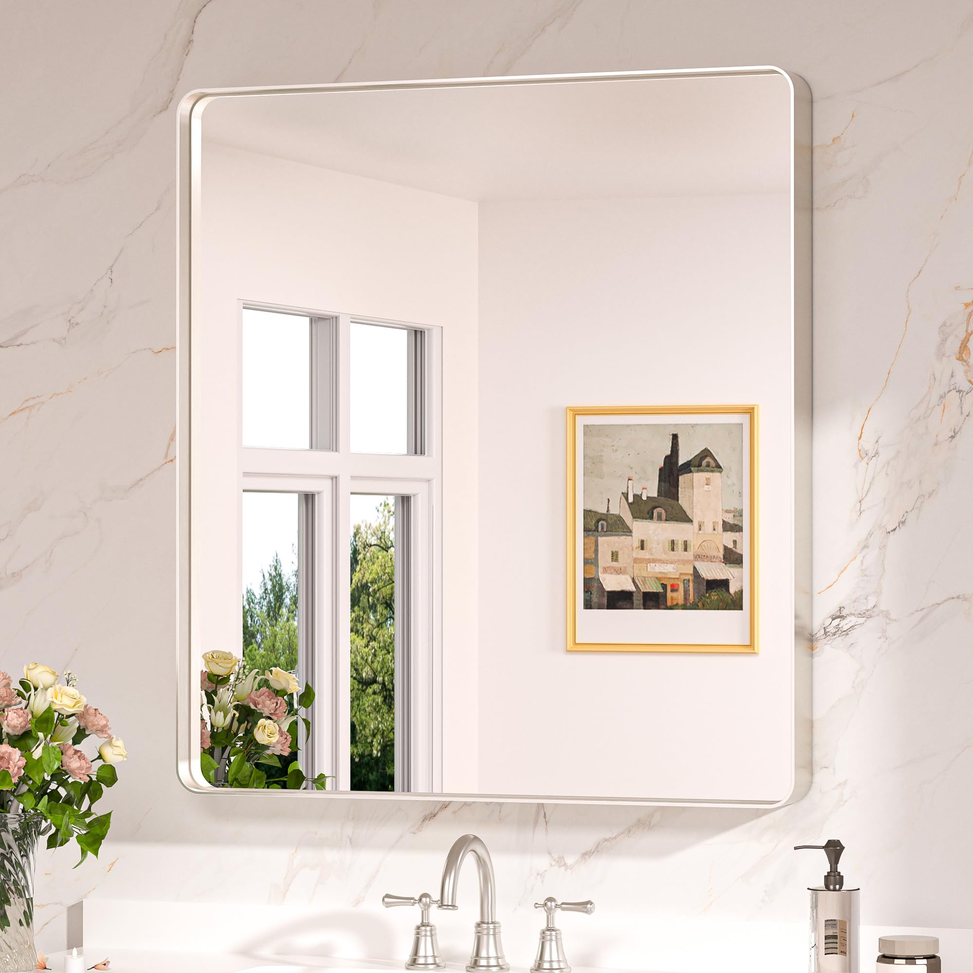Keonjinn 32 x 36 Inch Brushed Nickel Bathroom Mirrors for Over Sink