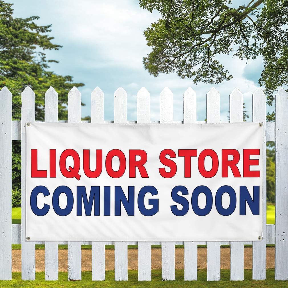 Vinyl Banner Multiple Sizes Liquor Store Coming Soon Red Blue Business Outdoor Weatherproof Industrial Yard Signs 4 Grommets 24x48Inches