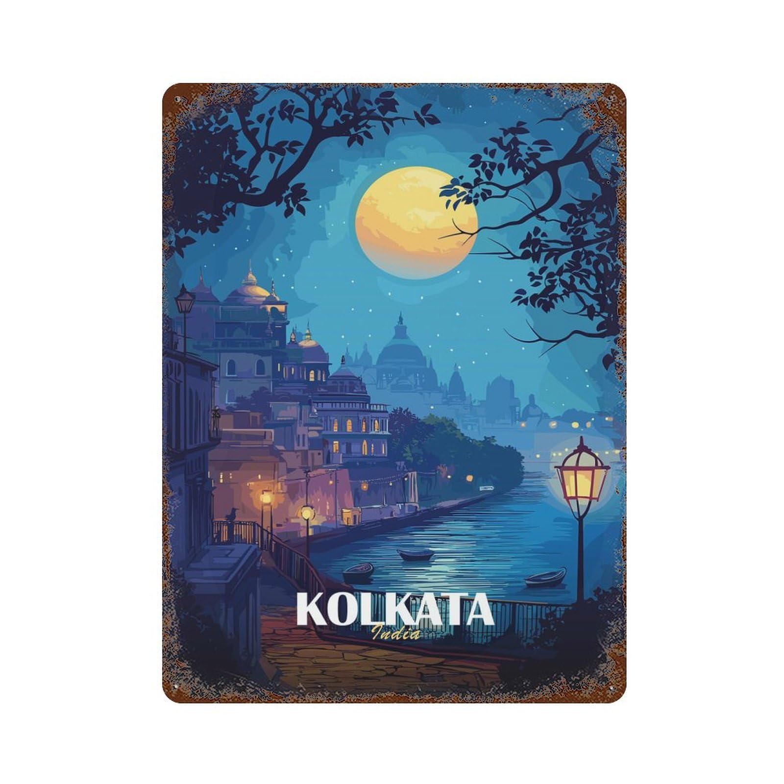 Rust Effect Kolkata India Nightscape Illustration Rusty Metal Tin Sign 15.7"x11.8", Rustic Home Decor for Bistro, Counter And Cafe Decor