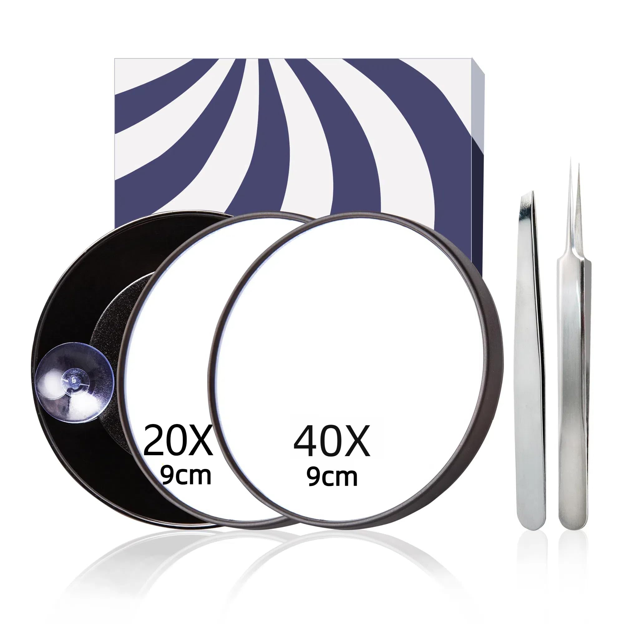 KinzraMira Magnifying Mirror with Precision Tweezers Set, Tweezers for Facial Hair Women 40X 20X Travel Magnifying Mirror