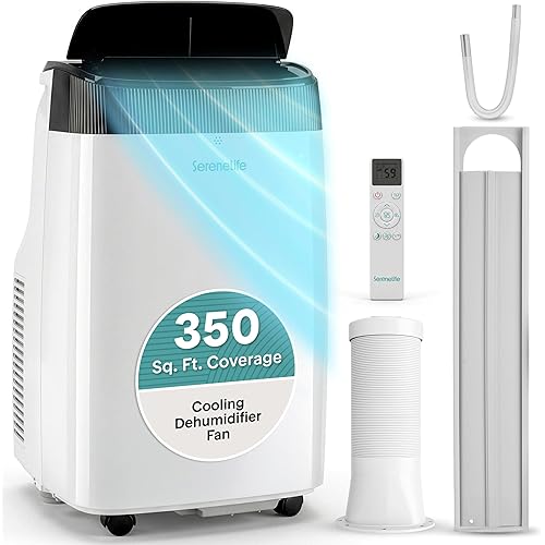 SereneLife Portable Air Conditioner, Dehumidifier & Fan | 3-in-1 8,000 BTU AC With Temperature Ranges 64°F–90°F & Cools 350 SQ FT | Includes 3 Fan Speeds, Remote Control, & Window Exhaust Kit | White