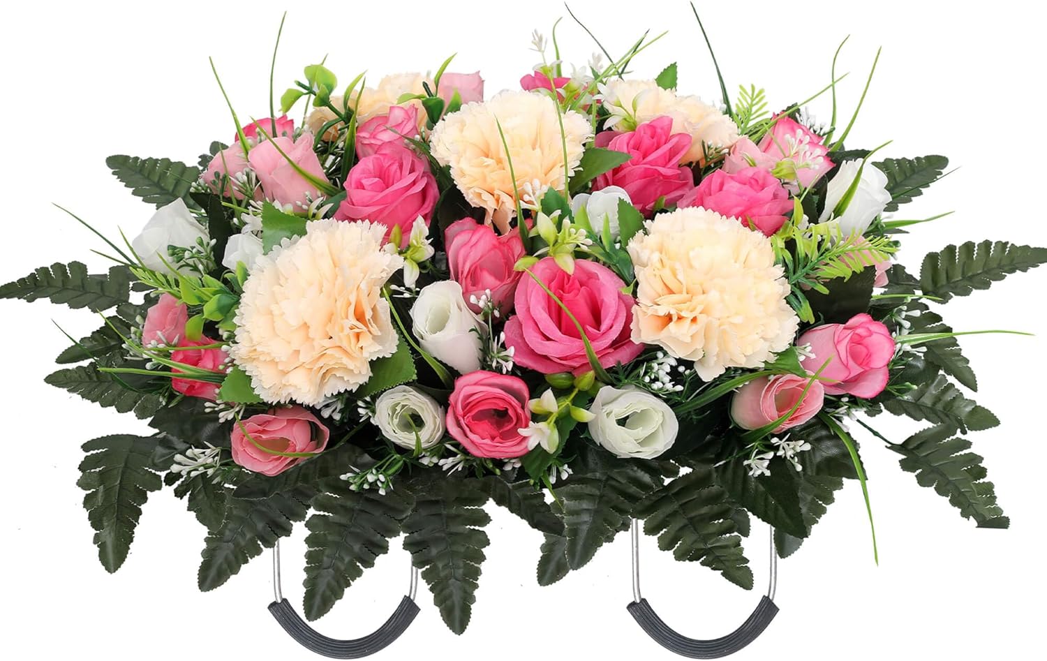 Artificial Cemetery Flower Saddle for Headstones,Grave Saddle Headstone Decorations,Rose and Carnation Memorial Day Grave Decor, Fade-Resistant (Pink)