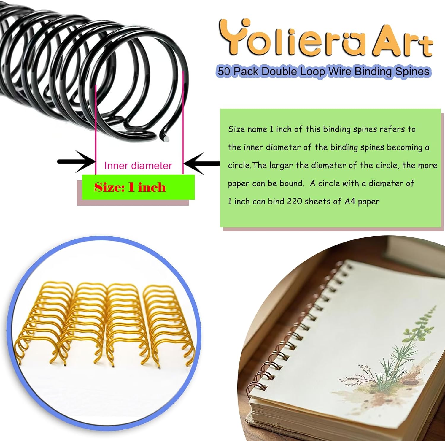 1 Inch Double Loop Wire Binding Spines 2:1 Pitch White, 50 Pack Notebook Binders Sspiral 220 Sheet Capacity for Booking Letter Size and Binding-Machines YolieraArt Cinch Wires Office Products