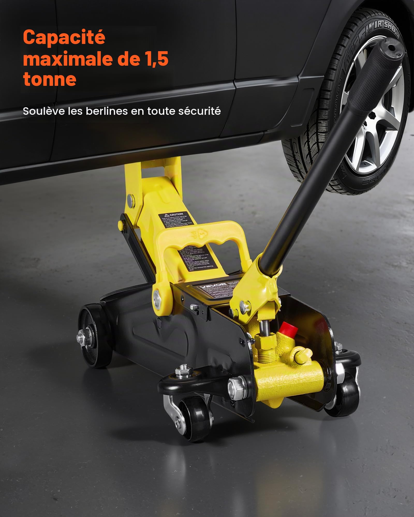 VEVOR Cric Hydraulique à Profil Bas Capacité 1,5 T, Cric Rouleur en Acier, Plage de Levage 13-31 cm, avec Pompe de Levage Rapide à Piston Unique, pour Lever Voitures de Sport Berlines Entretien Auto
