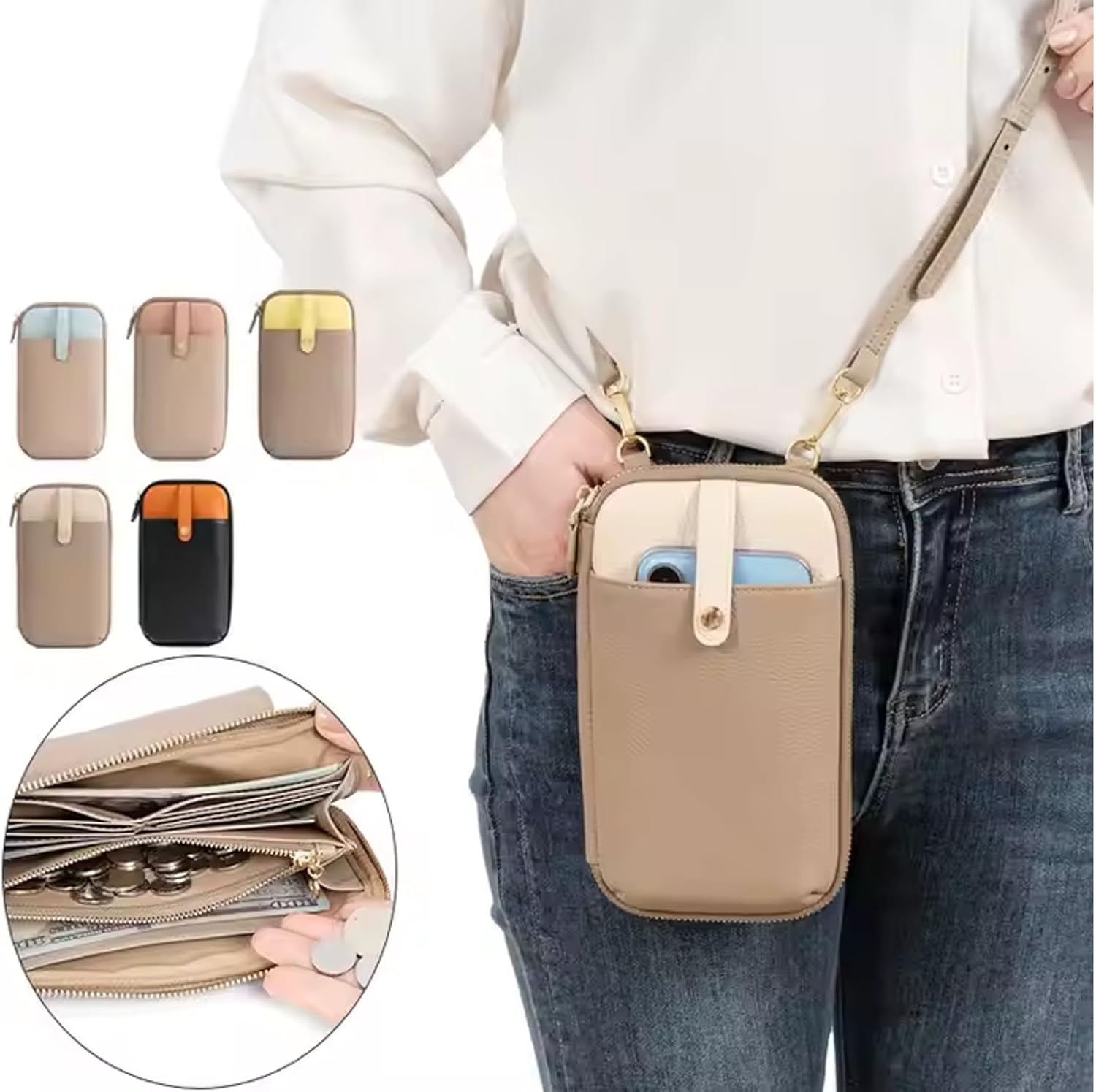 Genuine Cowhide Leather Small Crossbody Bags for Women, Smart Design Phone Bag Wristlet Wallet With Card Slots & 2 Straps