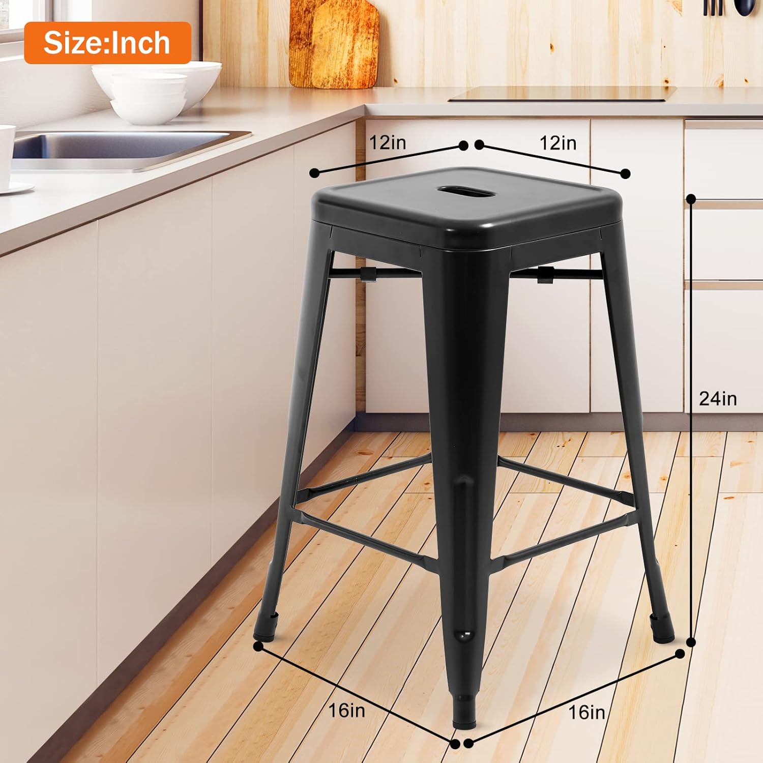 Metal Bar Stools Set of 4, Counter Height Stackable Barstools, 24 inch Indoor Outdoor Backless Patio Bar Stool Kitchen Dining Stool, 330Lbs Black