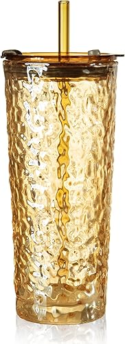 Miniatura 9 de Puraville Paquete de 2 vasos de vidrio de 18 onzas con tapas y pajitas, cristalería gruesa con patrón glaciar vintage para whisky, cóctel, cerveza,