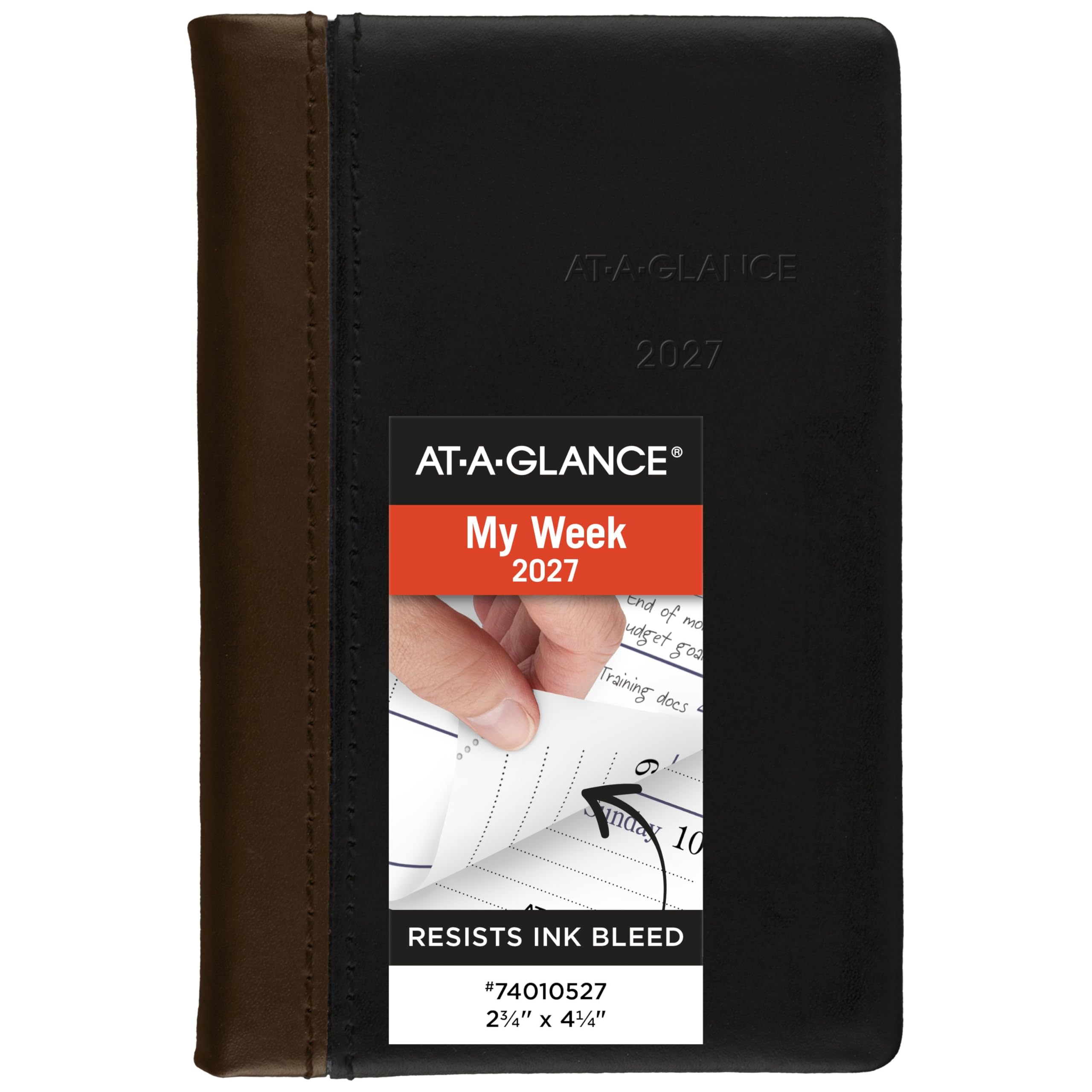 AT-A-GLANCE 74010527 Terminplaner, Wochen- und Monatsplaner, 7 x 10,8 cm, Taschenformat, feines Tagebuch, Kunstleder, Hardcover, Schwarzbraun