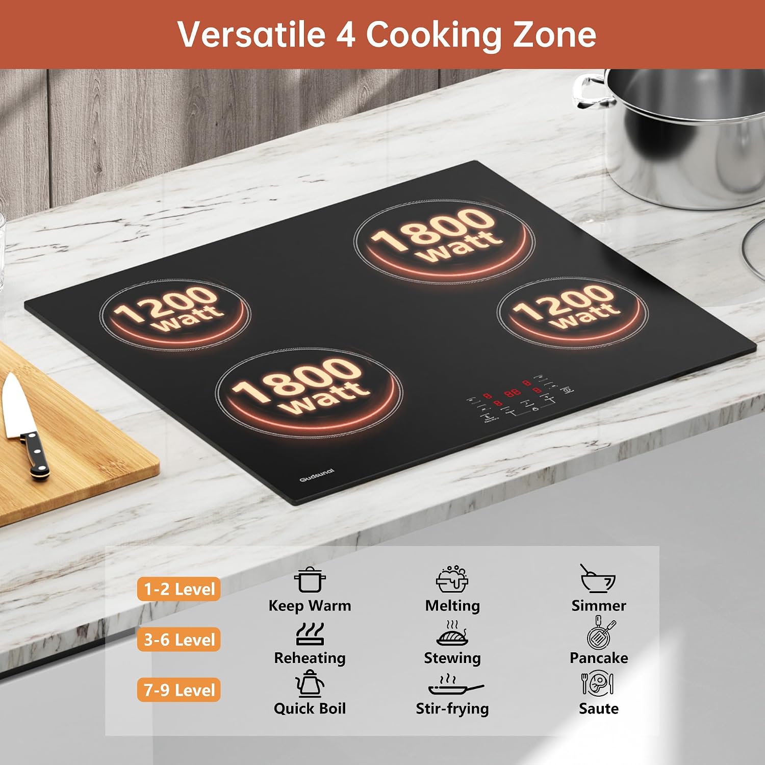 Electric Ceramic Hob with 4 Zones, 6000W, 9 Power Level, Keep Warm,Timer, Child Safety Lock,Residual Heat Indicator, Hard Wired