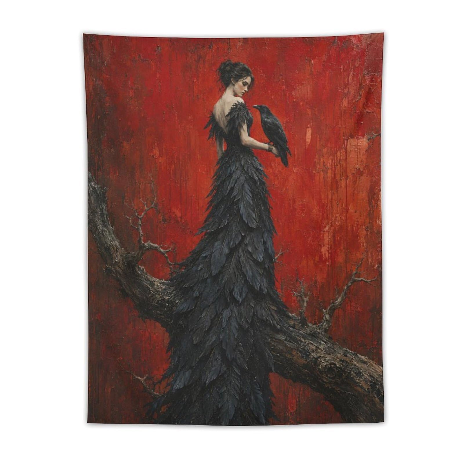 W7C8U2X3 Raven Woman with Feather Dress Wall Tapestry, Gothic Fantasy