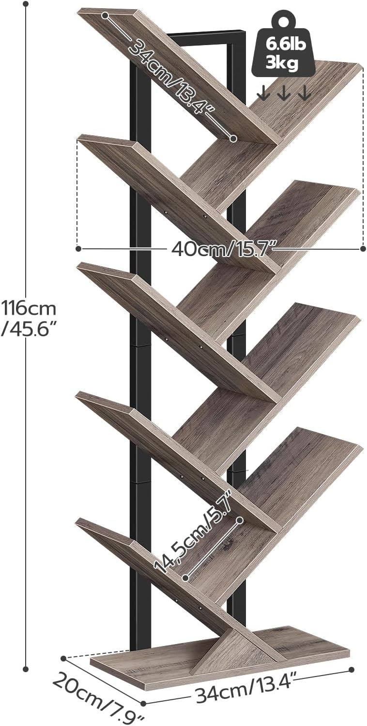 HOOBRO Tree Bookshelf, 9-Tier Bookcase Wooden Shelves, Floor Standing Storage Rack, for Display of CDs, Books in Living Room, Home Office, Wood Storage Rack for Bedroom, Greige BG08SJ01G1