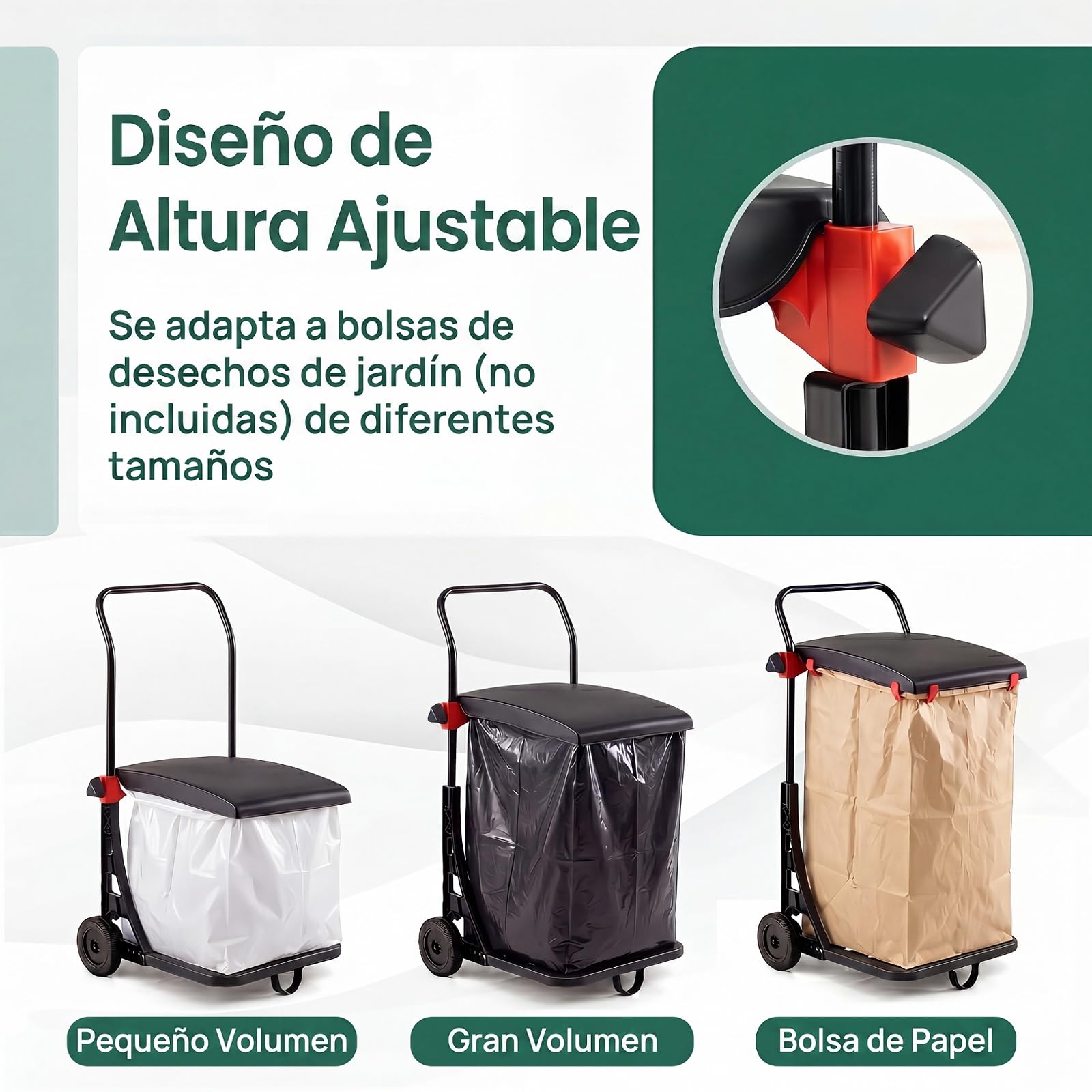 GYMAX Carro para Basura con Ruedas, Carrito Recolector de Jardín, Soporte para Bolsas de Basura con Tapa, Metal Altura Ajustable, para Interior y Exterior, Patio, Césped, Fiestas, Reciclaje