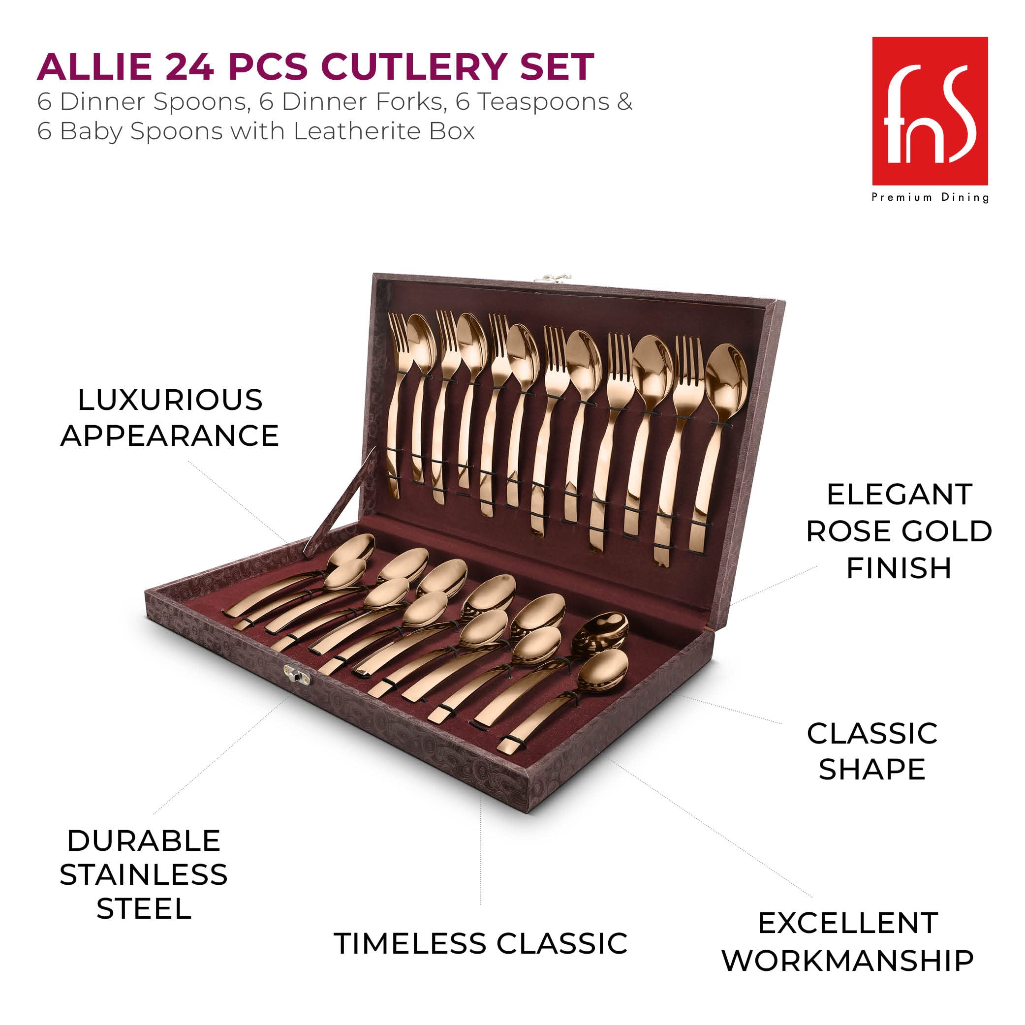 FnS Allie Rose Gold Cutlery Set - 24 Piece Stainless Steel -4