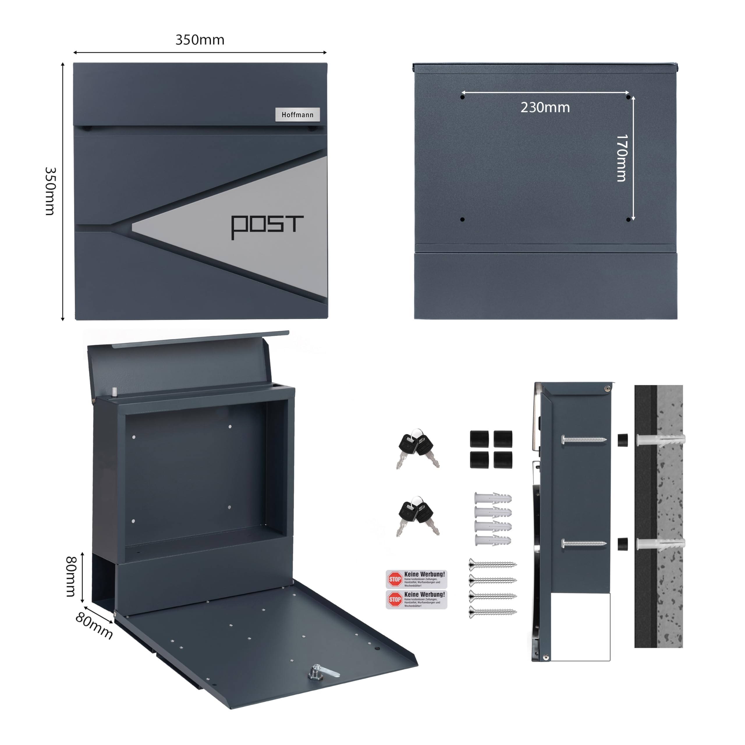 Zedelmaier XXL personalisiert Briefkasten mit Edelstahl Namensschild Wandbriefkasten Postkasten briefkästen mit Schloss Mailbox inkl. 4 Schlüsseln Letter Box Anthrazit 10,5 X 35 X 35 cm
