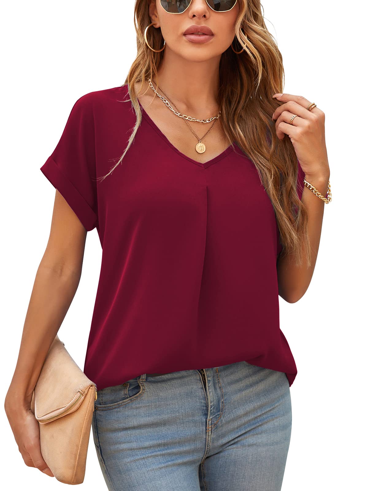 Yommay Blusas para mujer, cuello en V, blusas de gasa para verano, camisetas casuales de manga corta
