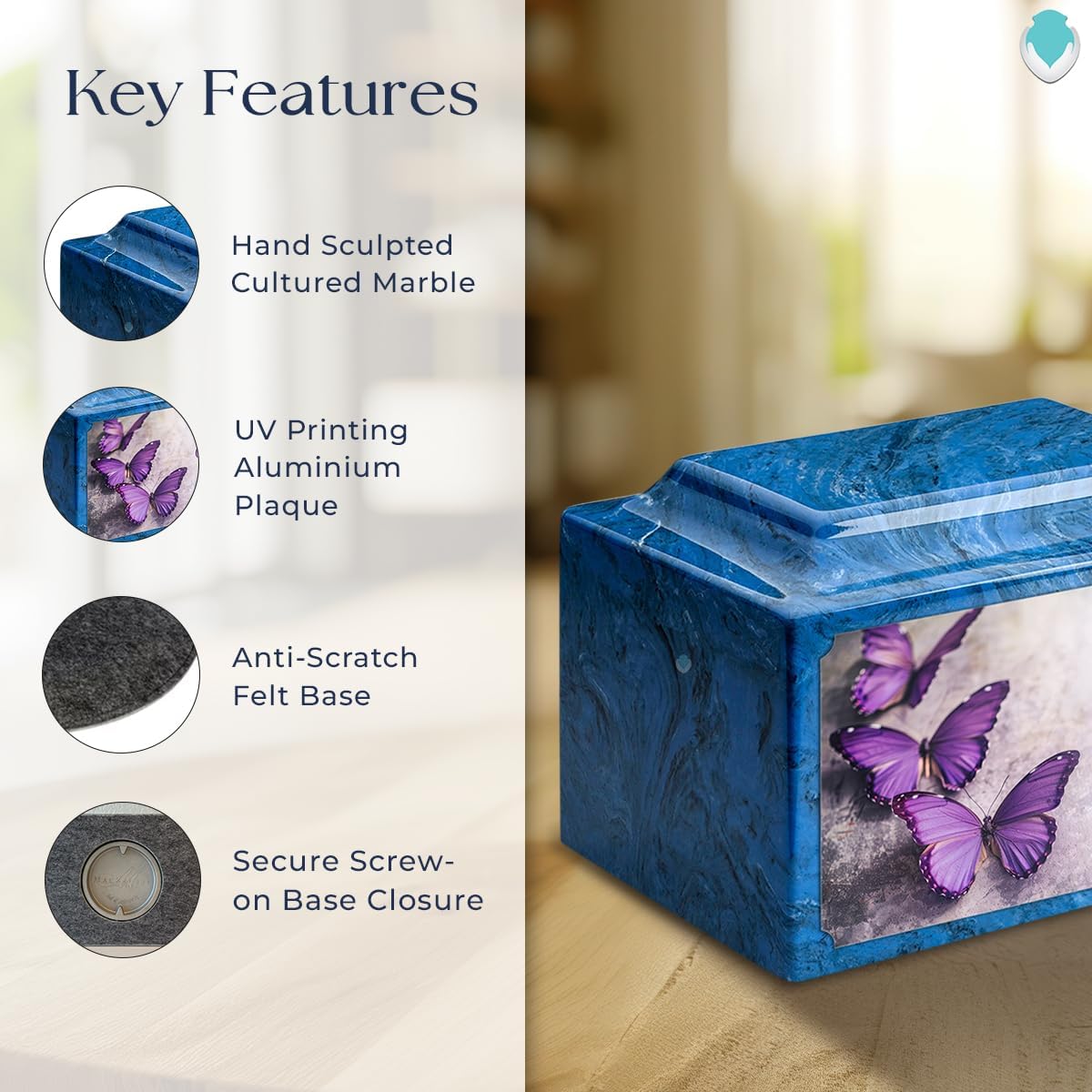 GetUrns Cultured Marble Urn Vault by Mackenzie with Personalized Butterfly and Text for Human Ashes I Mystic Blue Adult Urns for Male and Female I 210lbs