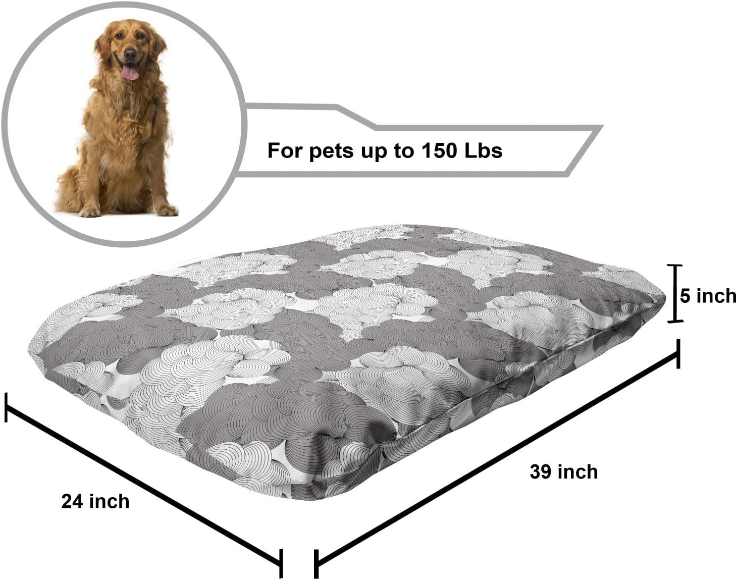 review Lunarable Abstract Pet Bed, Seigaiha Inspired Lines Curvy Elements Illustration in Greyscale Tones Print, Chew Resistant Pad for Dogs and Cats Cushion with Removable Cover, 24