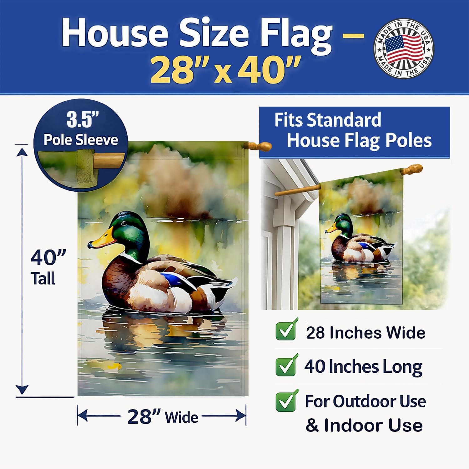 Caroline's Treasures Mallard House Flag Large Porch Sleeve Pole Decorative Outside Yard Banner Artwork Wall Hanging, Polyester, House Size, Multicolor