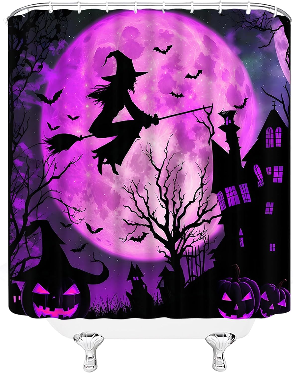 Spooky Halloween Shower Curtain Horror Witch Pumpkin Scary Castle Dead Tree Full Moon Bat Gothic Halloween Fabric Bathroom Decor Set with Hooks,(84" Wx70 H)