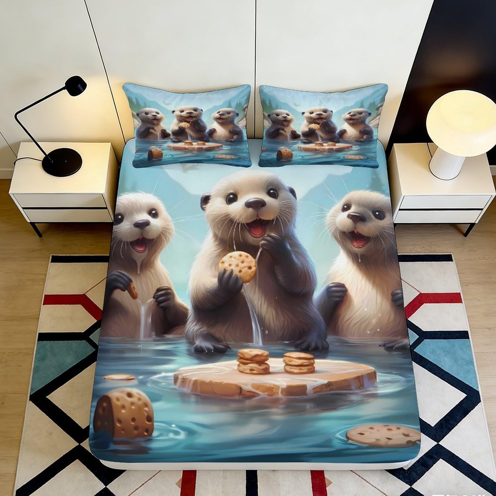 3D Printed Cute Otter Fitted Sheet Microfiber Soft Cartoon River Bed Cover for Bedroom Dorm Mattress Protection Decor 90x200x25cm