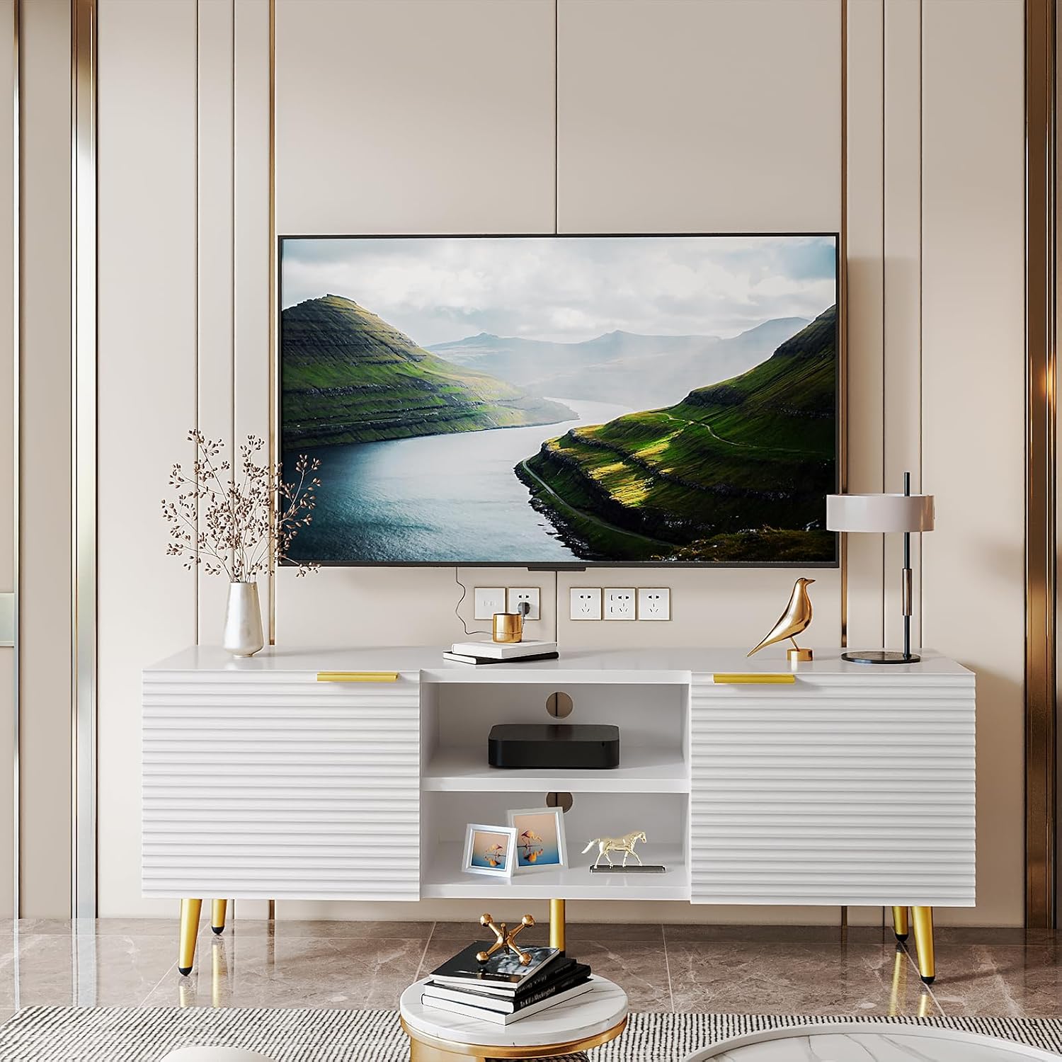 Betterhood TV Stand for 55 Inch TVs, Modern TV Console for Living Room Bedroom, TV Media Stand with Adjustable Shelf, Wood Entertainment Center with Storage Cabinets (White and Gold, Fluted Pattern)