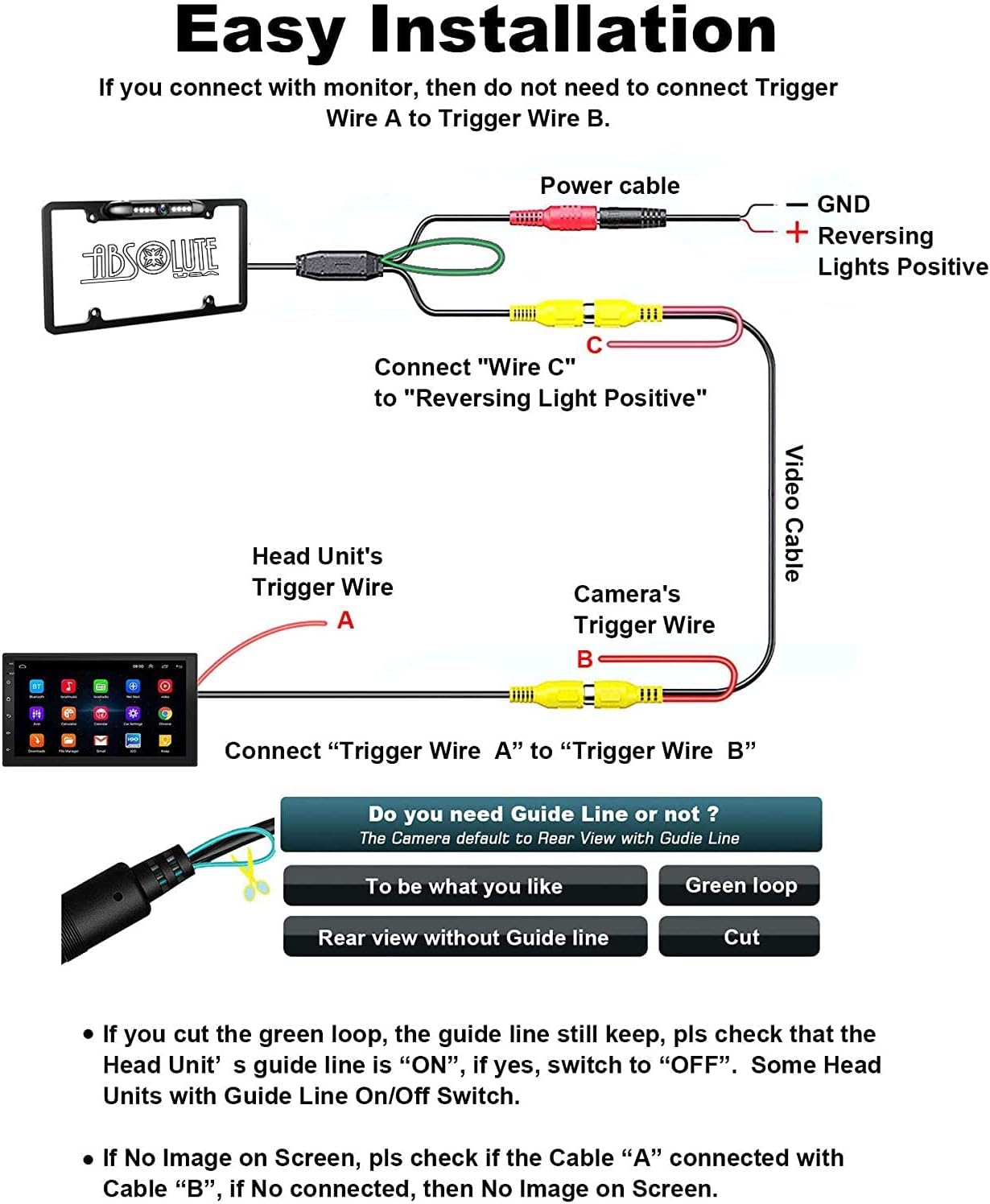 Absolute CAM2100B Black License Plate Backup Camera Front Rear View Reverse Camera with 8 LED Night Vision 170 Degree Viewing Angle Waterproof Backup Camera for Cars