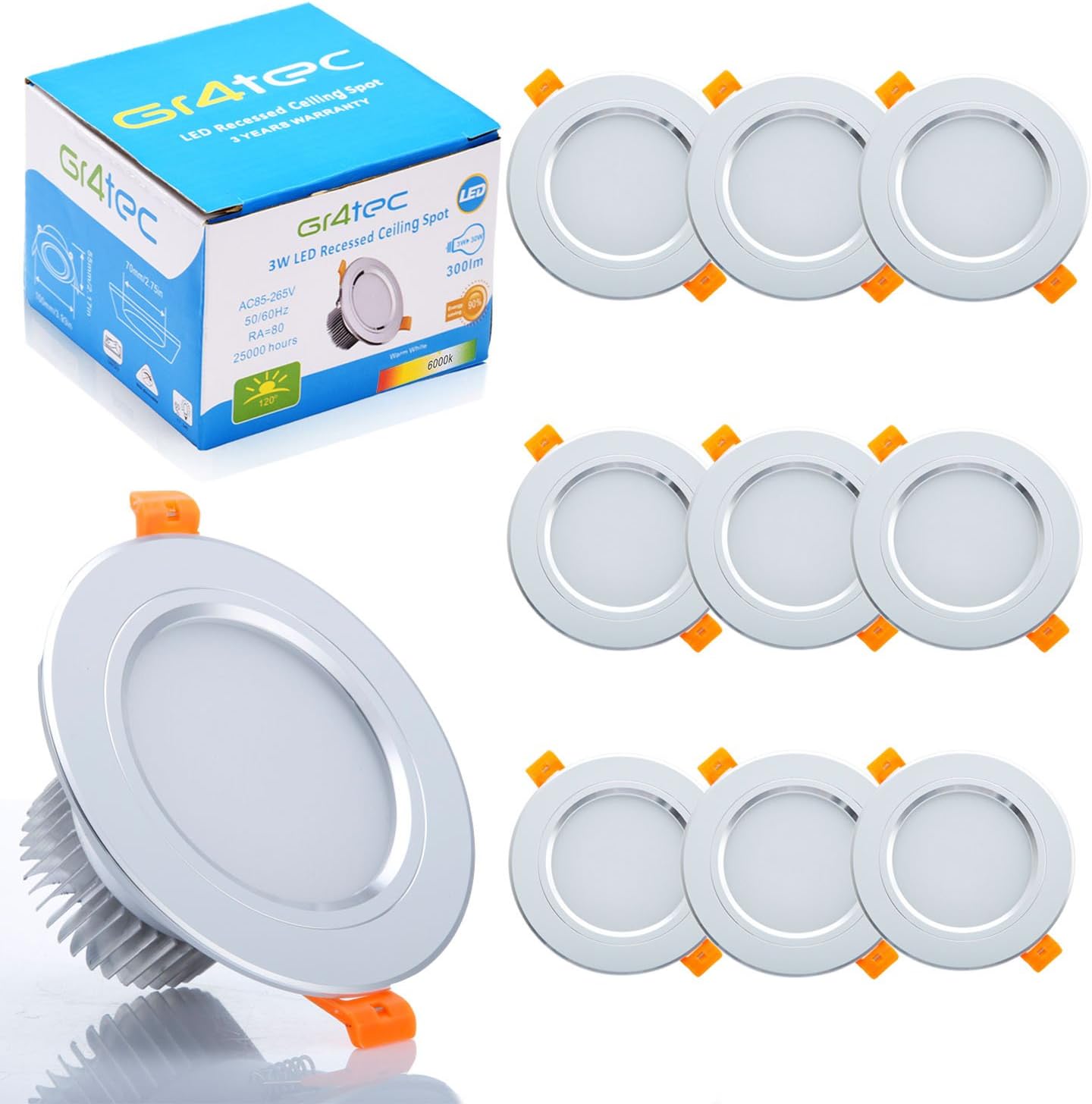 10 x LED Recessed Ceiling Spot Downlight High CRI Ra80 AC 85 - 265V 3W Cold White 6000K 300LM 30W Incandescent Equivalent Not Dimmable Spotlights for Bathroom Kitchen