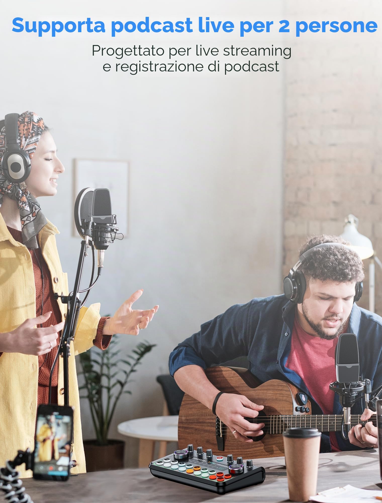 SINWE Set podcast per 2 persone, mixer audio con microfoni per smartphone e PC, attrezzatura da DJ all-in-one, plug and play, ideale per streaming, canto, YouTube e gaming