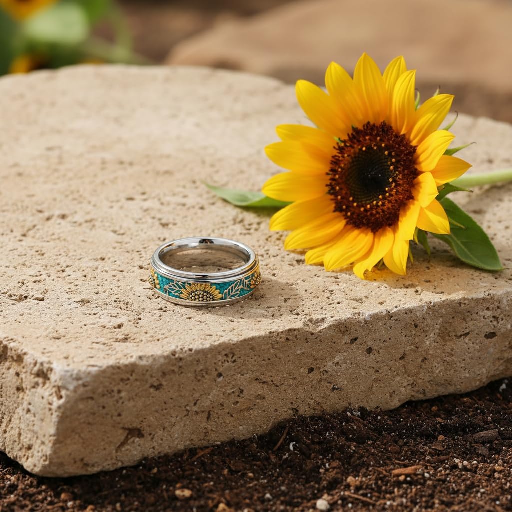 Anxiety Spinner Rings 925 Sterling Silver Sunflower/Daisy/Tree of Life/Paw Print Turquoise Fidget Mood Rings Relieve Stress Jewelry for Women Mom