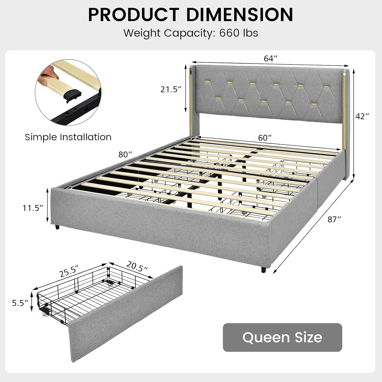 Giantex Upholstered Bed Frame with 4 Drawers, Queen Size Linen Bed Frame, Heavy-Duty Noise-Free Bed Frame, Easy Assembly, No Box Spring, Light Grey