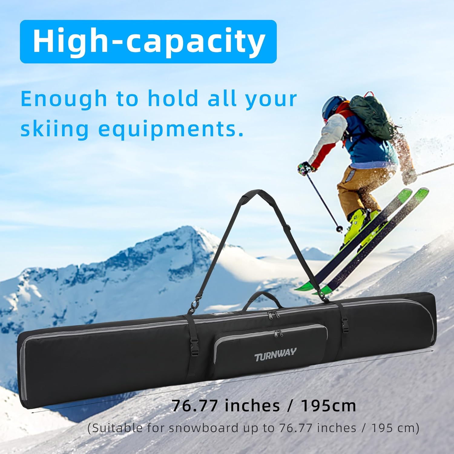 Padded Ski Bag | Store & Transport Skis Up to 195 cm | Waterproof 900D Polyester - for Road Trip, Air Travel and Outdoor Activities