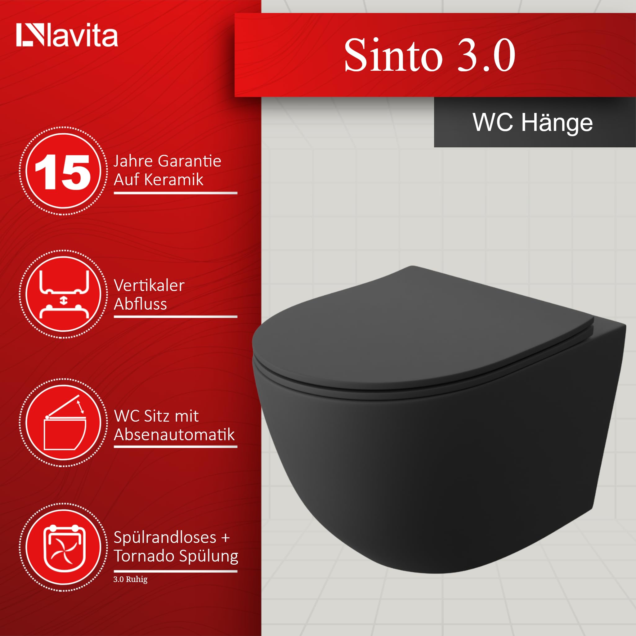 LAVITA Wand-WC Sinto Black Hänge Toilette Toilettendeckel mit Absenkautomatik & Metallscharniere Toiletten Spülrandlos Hängend Spülsystem TORNADO 3.0 Toilettenbecken Schwarz