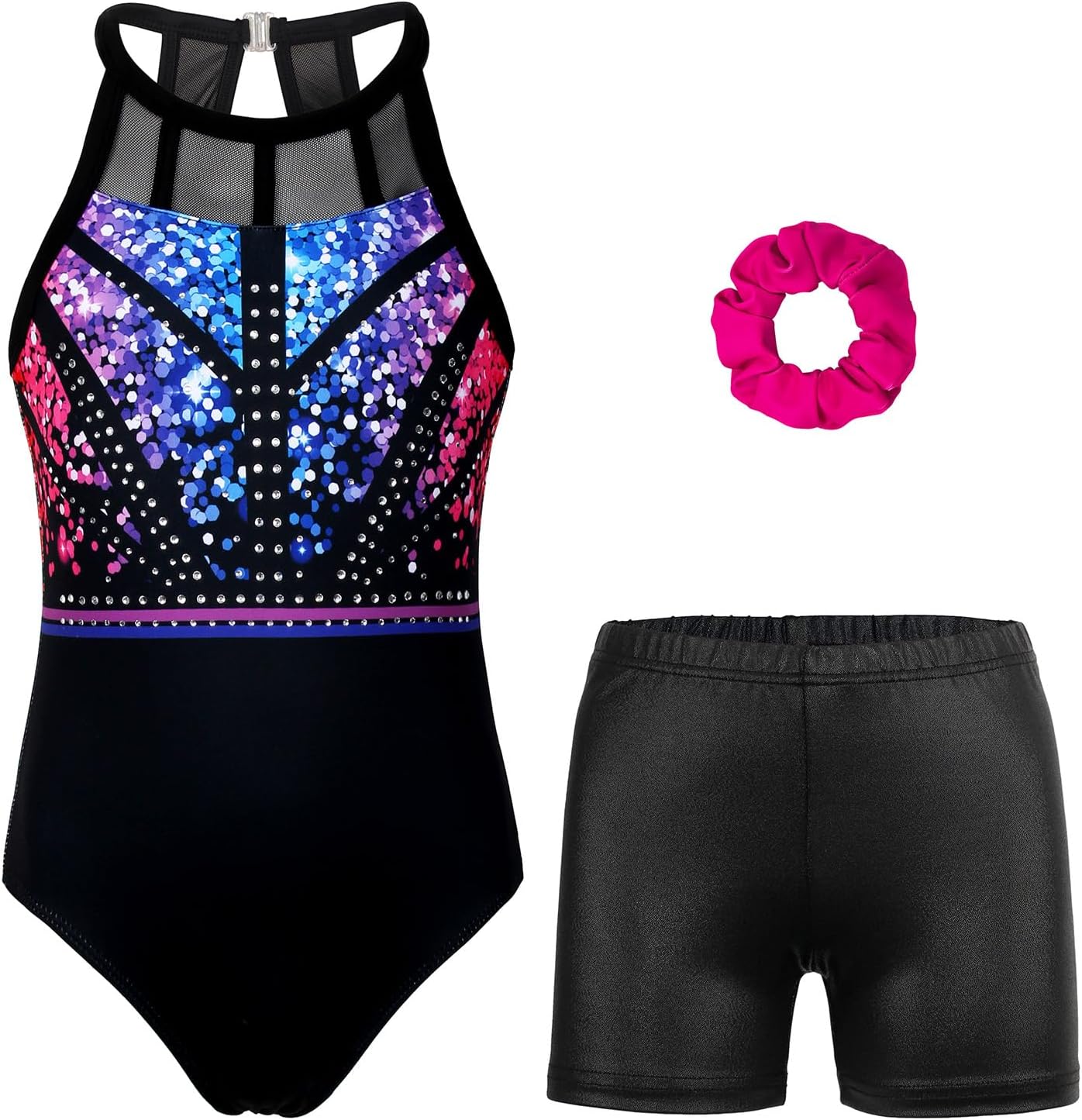 Gymnastics Leotards for Girls With Shorts Sparkly Ballet Dance Mesh Tank Activewear