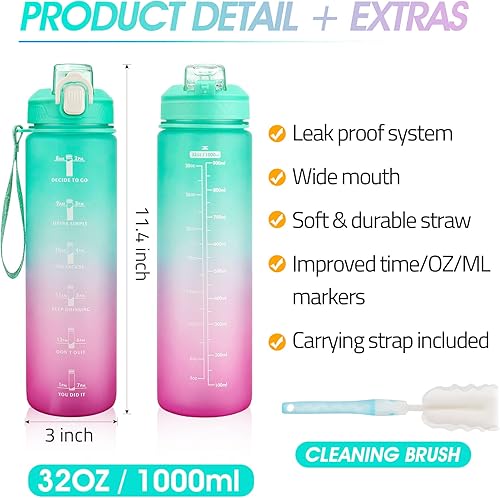 Miniatura 5 de Botella de agua motivacional con marcador de tiempo, botellas de agua de 32 onzas con tiempos para beber, a prueba de fugas y sin BPA, botella de
