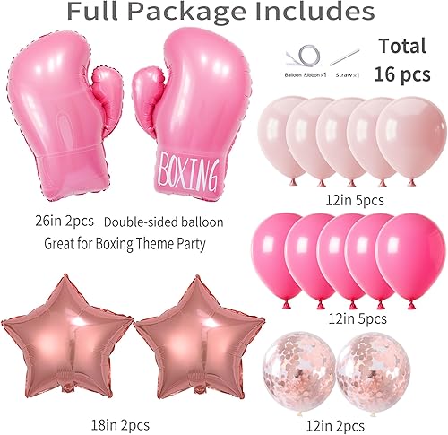 Miniatura 3 de Juego de 16 globos de guantes de boxeo rosados, papel de aluminio de estrella de oro rosa y globos de látex rosa con confeti, decoraciones