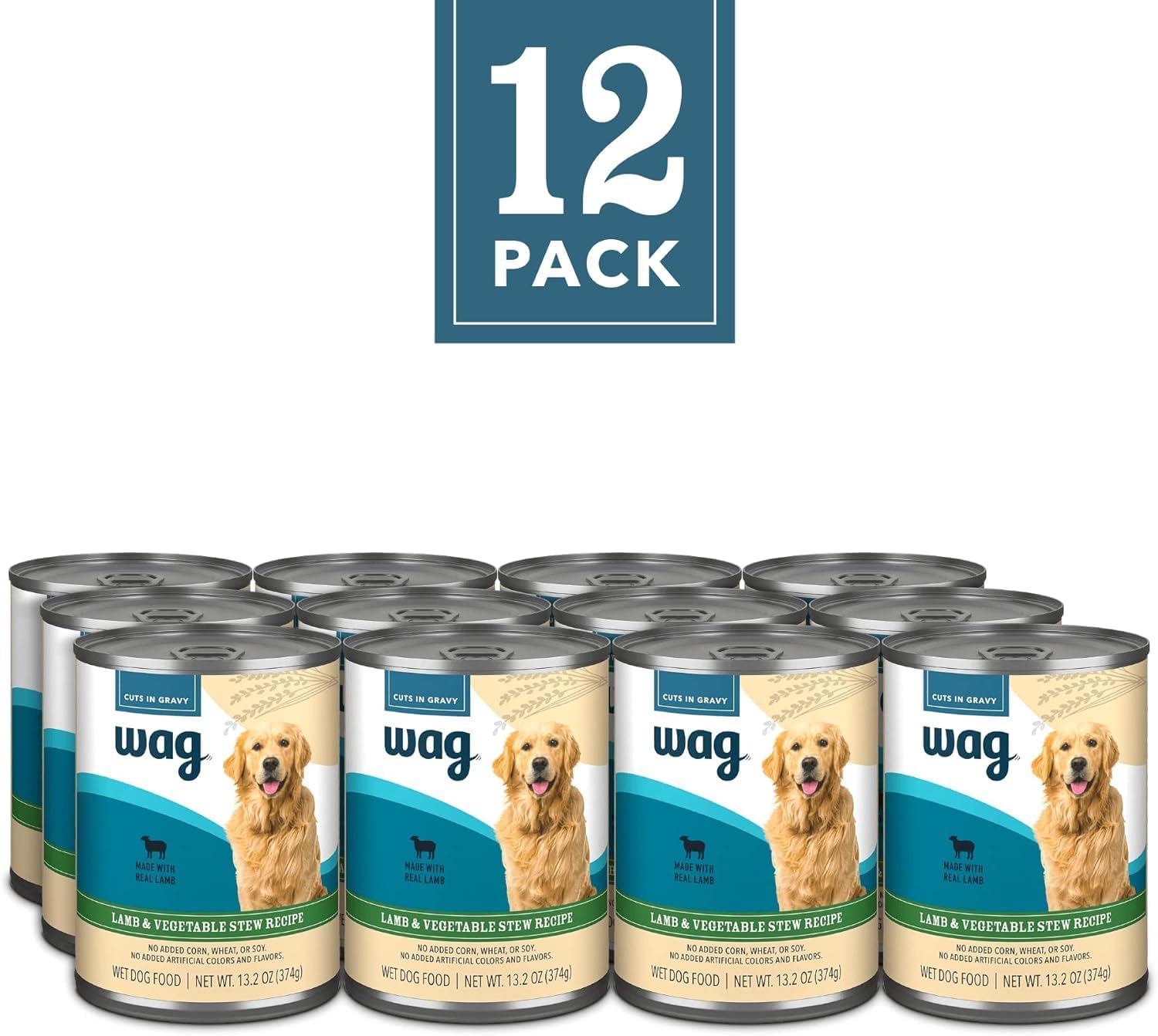 Amazon Brand - Wag Wet Dog Food Stew, Lamb & Vegetable Cuts in Gravy, Made with Natural Ingredients, 13.2 Ounce Cans (Pack of 12)