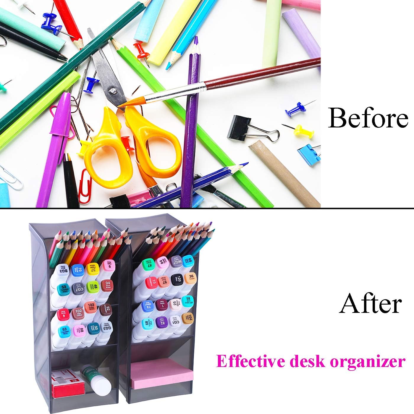 Antner 2pcs Desk Organizer High Capacity Pen Holder Desktop Storage Makeup Brushes Caddy for Office School Home Supplies, Translucent Black Big Pen Holder