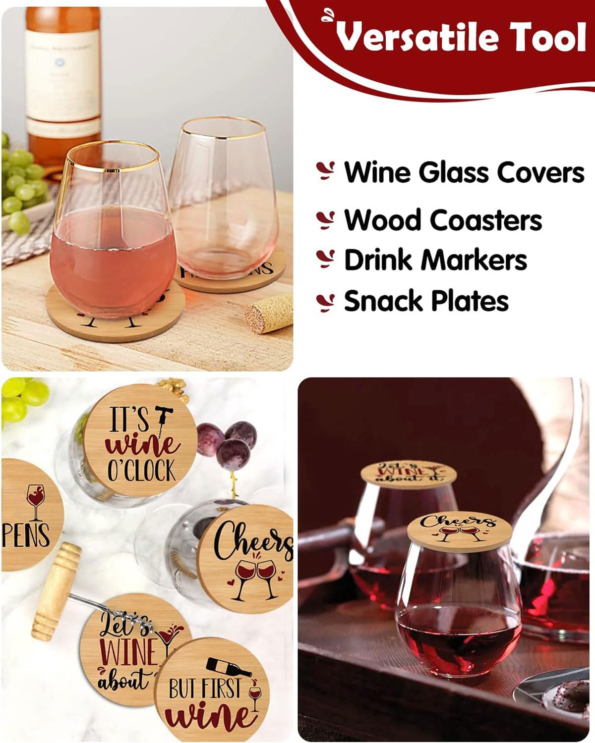 10 Couvercles Verre à Vin En Bambou + 12 Marque-verres Silicone – Topper 10cm Avec Étiquettes Fleurs Pour Fêtes Et Soirées