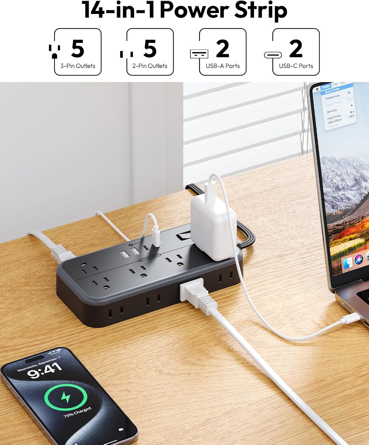 NTONPOWER Surge Protector Power Strip 15 Ft Cord, 10 Widely Spaced Outlets, 4 USB Port(2 USB C Port), Ultra Thin Flat Plug Extension Cord 15 Feet, 2700J Surge Protection for Home Office Garage, Black