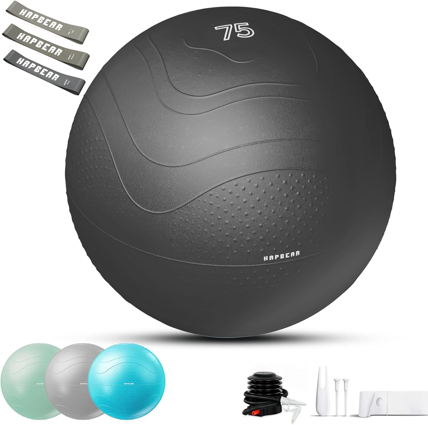 HAPBEAR Exercise Ball (22''/26''/30'') - Anti-Burst Slip-Resistant Yoga/Pilates Ball for Core Training & Posture Improvement, Home Gym/Rehab/Pregnancy Ball, Quick Pump & 3 Resistance Bands Included