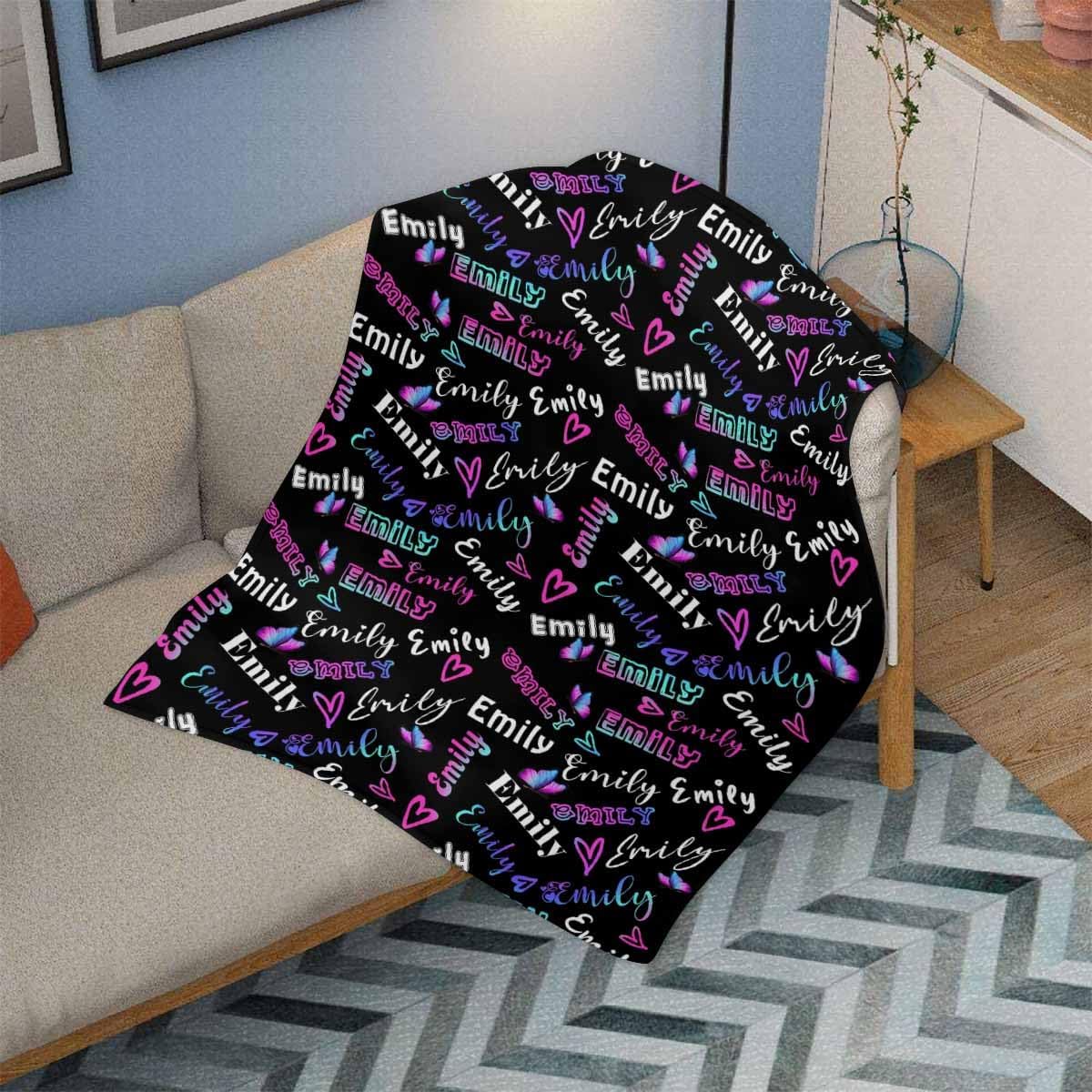 M YESCUSTOM Custom Blanket with Name Personalized Baby Blanket with Text Christmas Blanket Gift, Soft Flannel Throw Blanket for Kids Adults Friends Heart Butterfly 50 x 60 inch