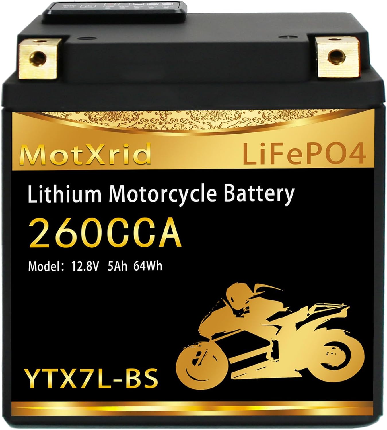 YTX7L-BS 260A Lithium LiFePO4 Motorcycle Battery, 12.8V 5AH, Fits for ATV,UTV,Jet Ski,PWC,Scooter,Lawn Mower,Tractor,Snowmobile,Smart BMS,Digital Readout,3X Cranking Amps,5X Life