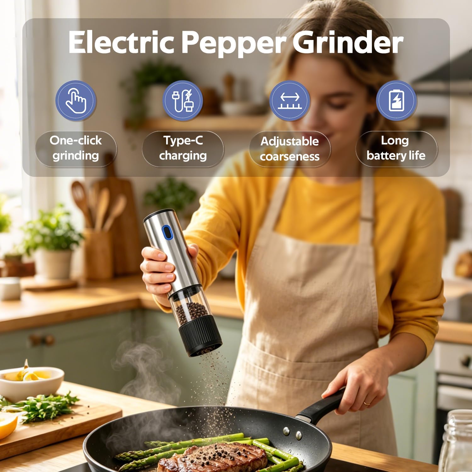 Electric Stainless Steel Pepper Grinder, Rechargeable Automatic Salt and Pepper Shakers with 5 Adjustable Coarseness, 80ml Container and LED Light, Silver