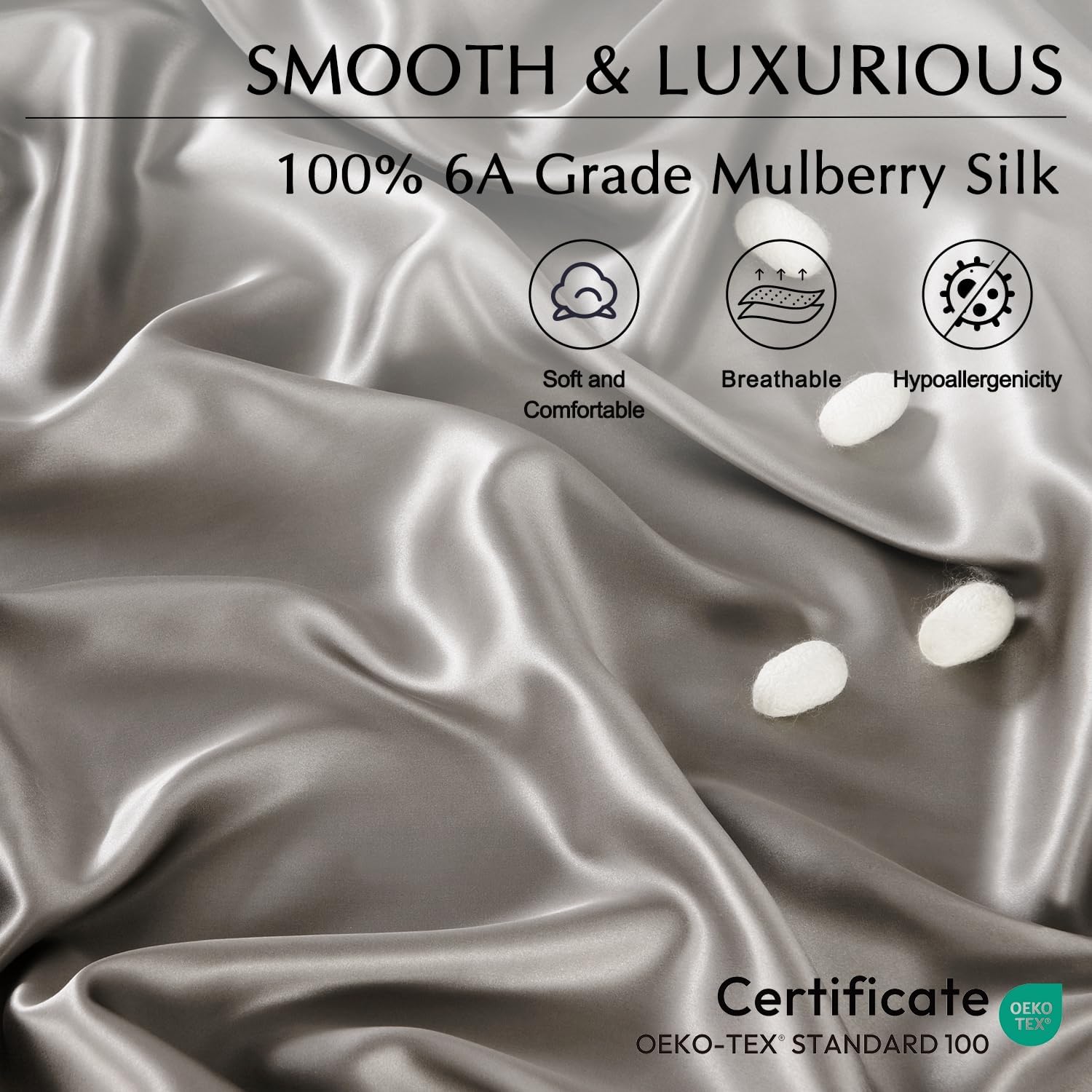 ZIMASILK 100% 19 Momme Pure Mulberry Silk Bedding 4-Pieces Set for Sleeping, Soft, Breathable & Hypoallergenic,for Hair & Skin Care (Queen Gray)