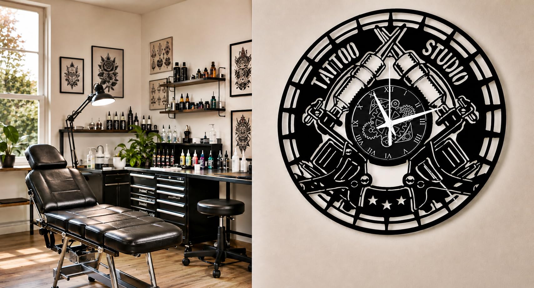 Winylowy zegar ścienny vintage ręcznie wykonany plemienny tatuaż sklep studio tatuaż, cichy